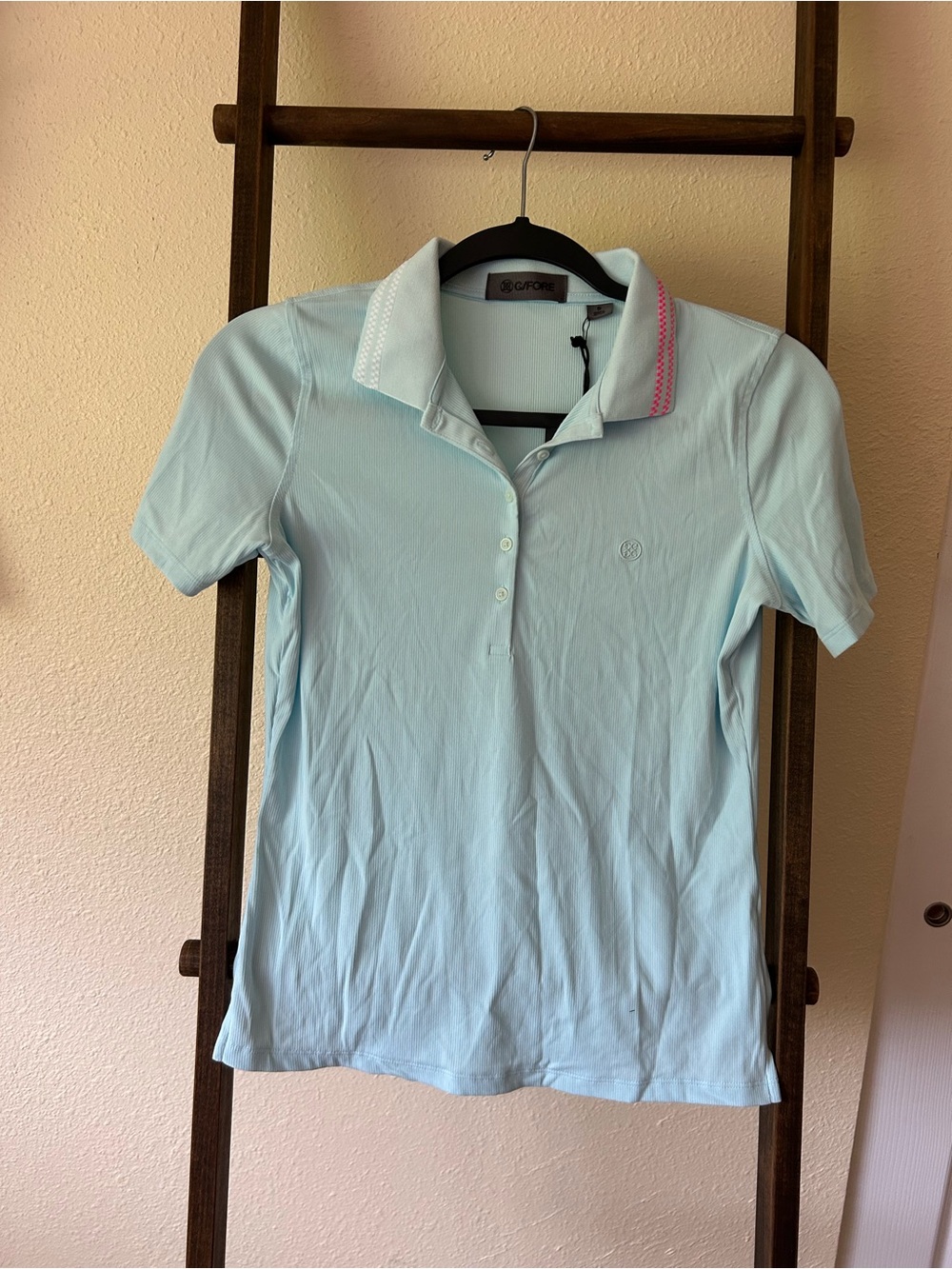 G/FORE Women's Pale Blue Polo with White and Pink Detail on Collar
